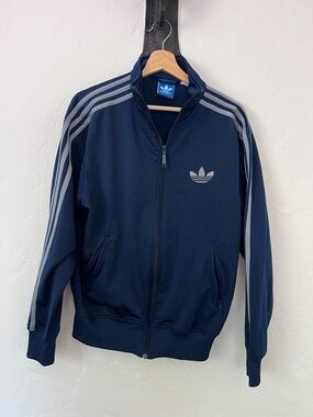 adidas Navy Blue Track Jacket with Light Gray Stripes